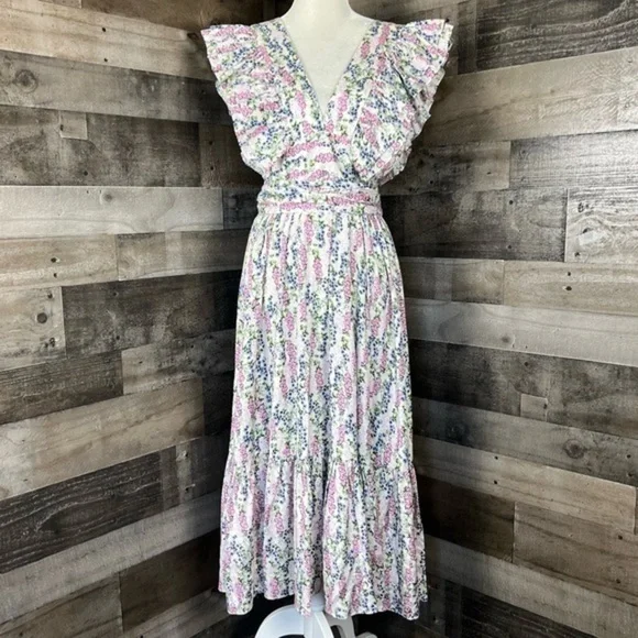 BYTIMO Blue Field Floral Ruffle Midi Wrap Dress Size Medium / NWT - Picture 2 of 16